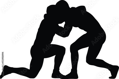 Wrestlers grappling black silhouette wrestling sport