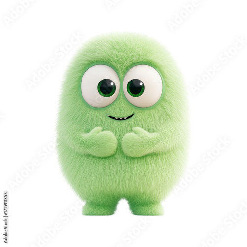 Cute green furry cartoon monster with big eyes and smile