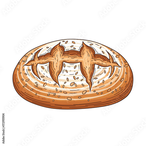 A rustic loaf of crusty bread with a scored pattern on top.