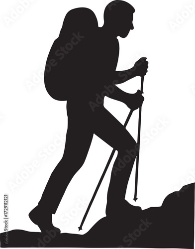 Silhouette of a hiker with a backpack and trekking poles climbing a rocky incline on a white background