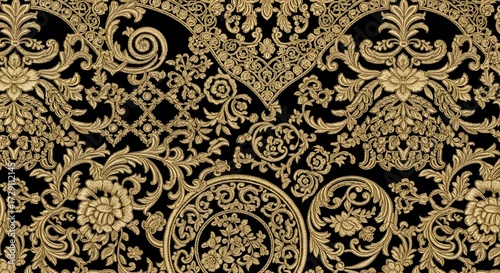Luxurious gold baroque design pattern on a black background, elegant and ornate