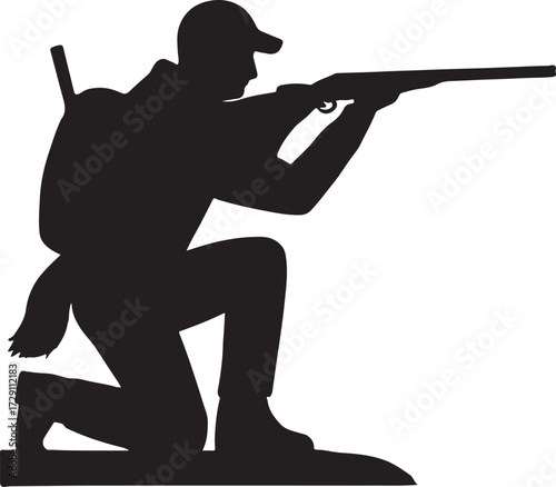 Silhouette of a hunter in camouflage gear kneeling and aiming a rifle in a hunting stance