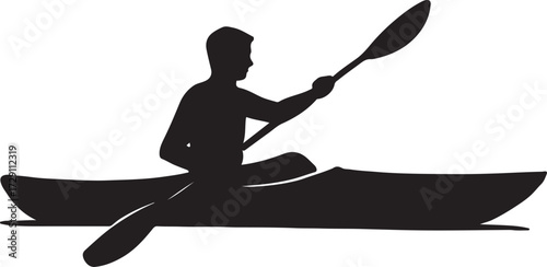 Silhouette of a man paddling a kayak on a calm body of water with a white background