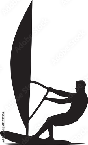 Silhouette of a windsurfer on a board with a sail against a white background