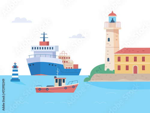 Coastal scene with lighthouse cargo ship and fishing boat in a maritime harbor cartoon illustration of sea travel and navigation