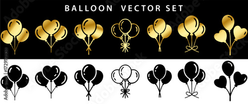 Gold and Black Balloon Hand-Drawn Vector Set – Luxury Party Decoration, Celebration, and Festive Event Graphic Illustration