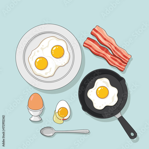 A delicious breakfast of fried eggs bacon and a boiled egg.