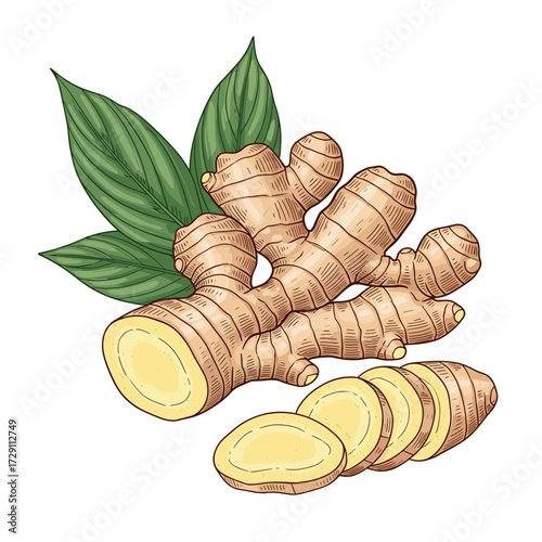 Fresh ginger root with sliced pieces and green leaves.