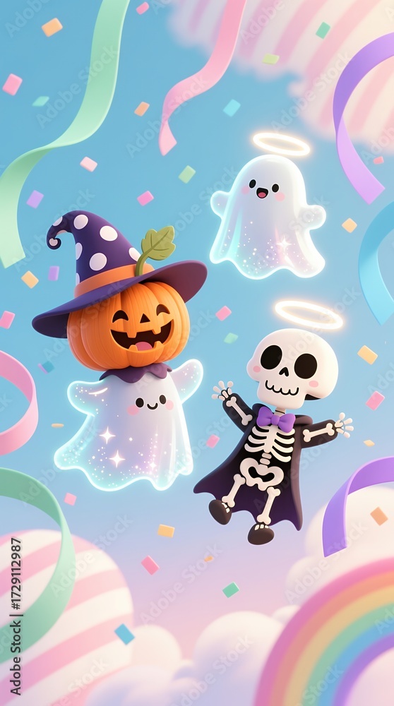 Naklejka premium Pumpkin ghost, skeleton, and angel ghosts floating with confetti, ribbons, and rainbow in the sky for Halloween celebration illustration