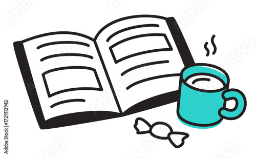Open book with a hot drink and candy