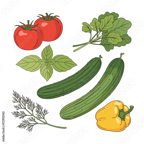 A fresh assortment of garden vegetables including tomatoes cucumbers bell peppers and leafy greens.