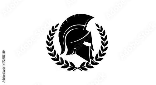 Spartan helmet silhouette encircled by laurel wreath, emphasizing power and victory