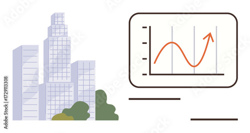 Skyscrapers alongside an analytics chart with an upward trend. Ideal for business growth, progress, success, economics, urban development, finance, and corporate strategy. A simple flat metaphor
