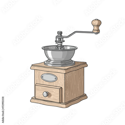 A vintage wooden manual coffee grinder with a metal hopper and drawer.