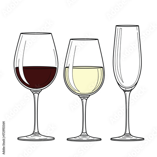 Three types of wine glasses with red white and sparkling wine.