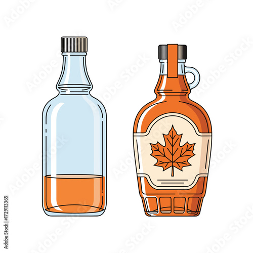 Two bottles of sweet syrup on a white background.