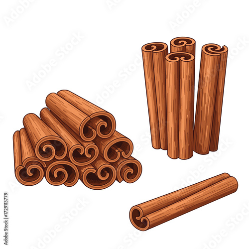 Aromatic cinnamon sticks piled and standing in a bundle.