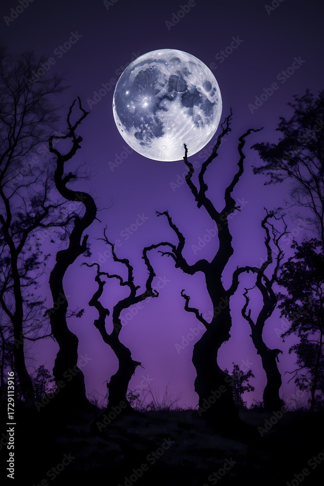 Fototapeta premium professional photo of a Vertical 9:16 framed spooky forest silhouette with twisted gnarled trees under a glowing full moon a dark purple gradient sky that gradates to a deep indigo towards the top lar