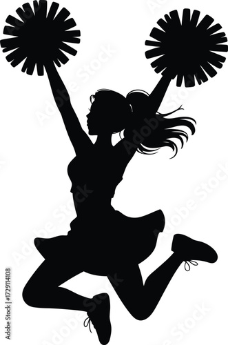 Cheerleader jumping with pom poms action silhouette
