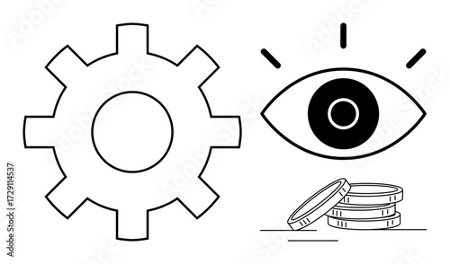Gear represents efficiency, eye symbolizes vision, and stacked coins signify financial growth. Ideal for innovation, business strategy, success, technology, productivity, teamwork simple flat