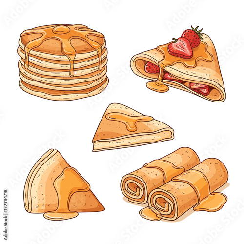 Delicious sweet crepes and pancakes with syrup and berries.