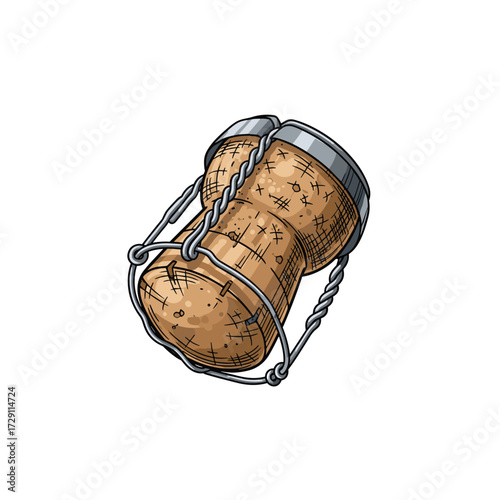 A champagne cork with a wire cage securing it tightly in place.