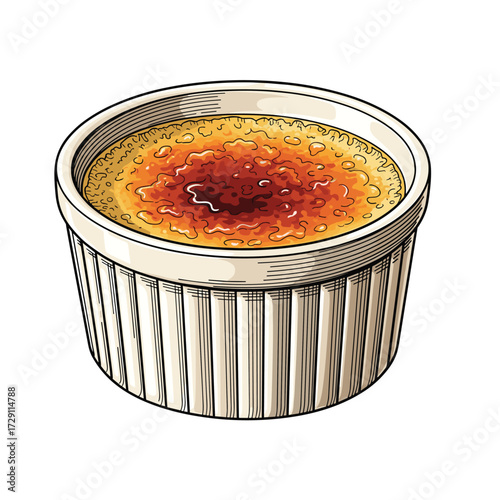 A close up of a creme brulee in a ramekin ready to be served.