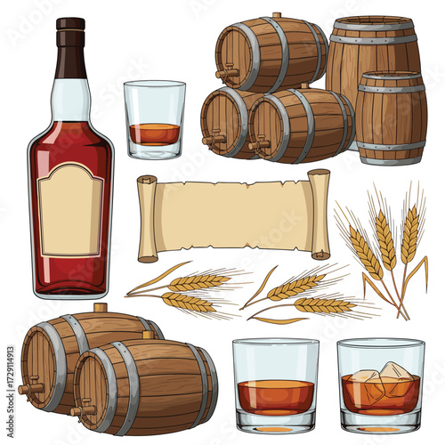 A collection of whiskey barrels and glasses with wheat stalks.