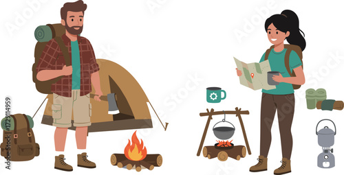 Camping couple outdoor adventure scene with tent, campfire cooking, hiking gear, backpack, map reading, summer travel lifestyle vector illustration