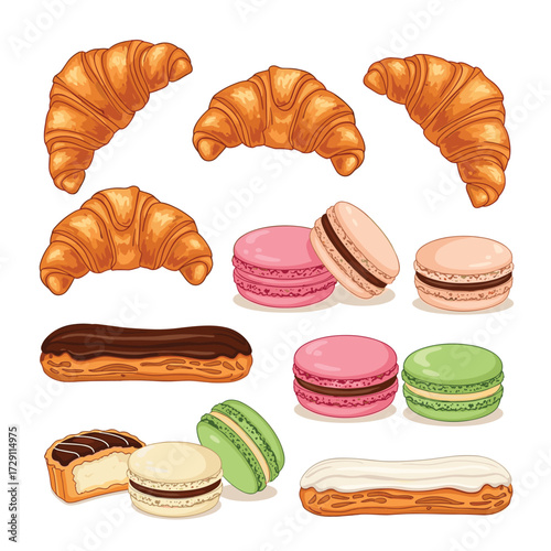 Delicious pastry and dessert assortment with croissants eclairs and macarons.