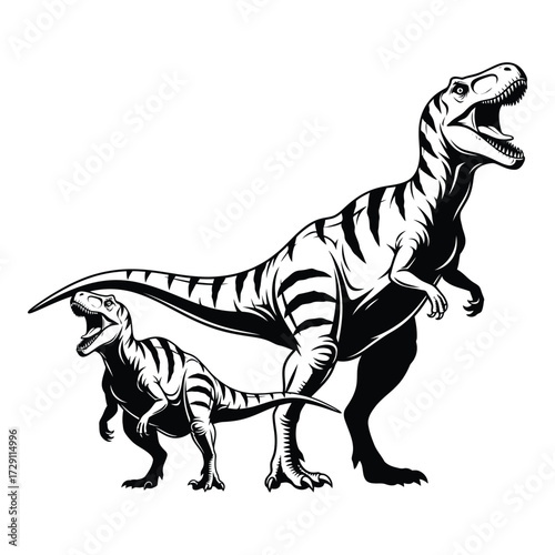 Dynamic dinosaur silhouettes two fierce tyrannosaurus rex predators roaring silhouette