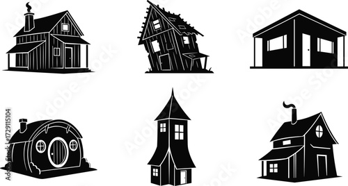 Collection of fantasy and modern wooden house vector illustrations featuring rustic cabins, crooked cottages, hobbit homes, tall towers, and simple huts.
