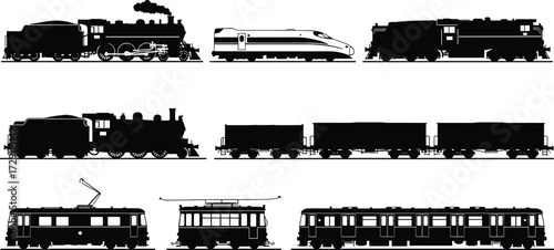 Collection of detailed train vector silhouettes including steam locomotive, bullet train, diesel engine, tram, subway metro, freight wagon and trolley.
