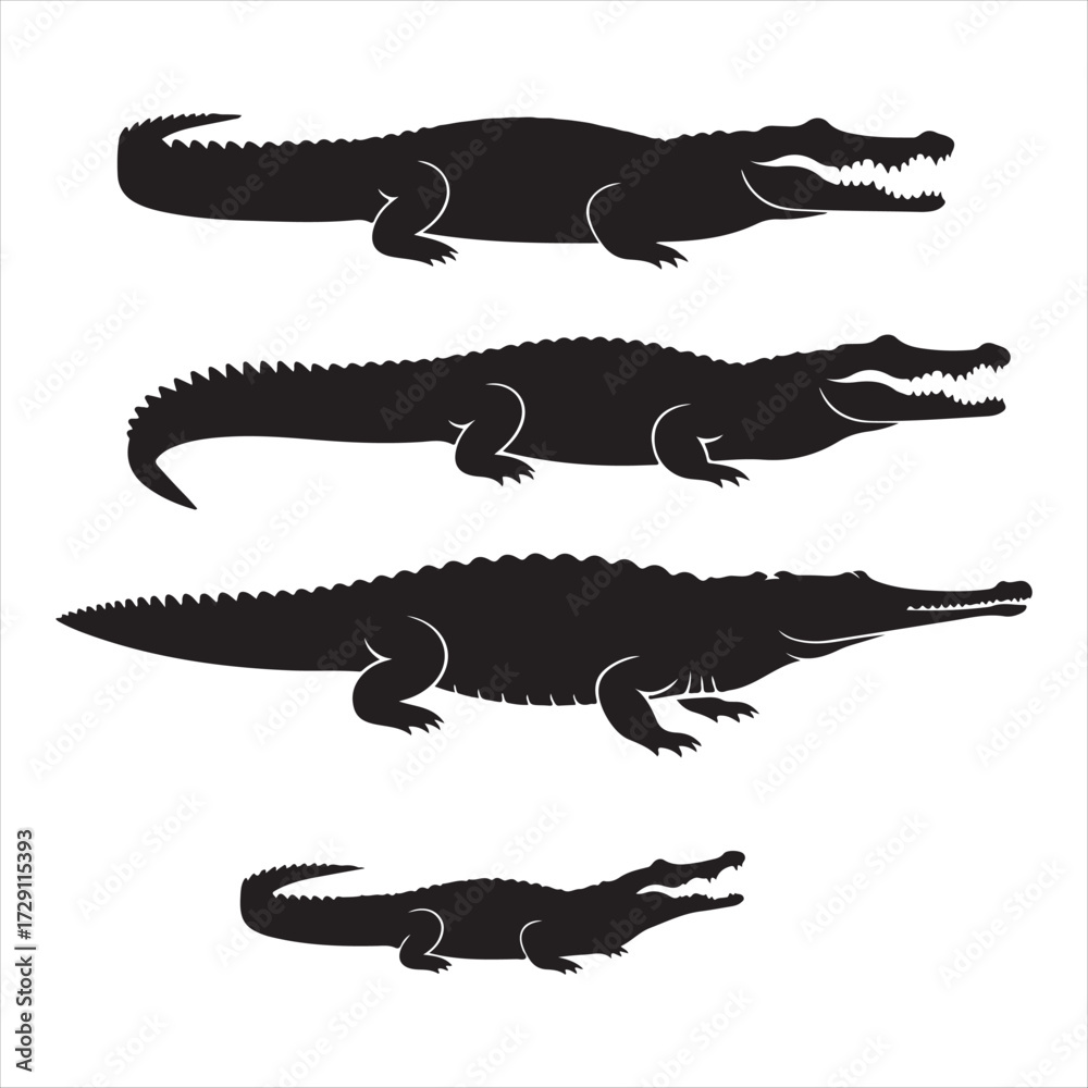 Fototapeta premium Silhouette art vector design vector art of four black alligator silhouettes