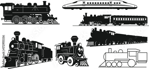 Collection of train vector illustrations including vintage steam locomotives, modern bullet train, cartoon train character, passenger railway, and outline design.