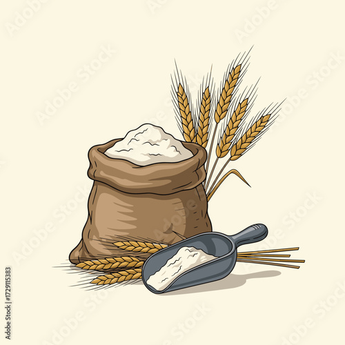 Bag of flour and wheat stalks with a scoop of flour.