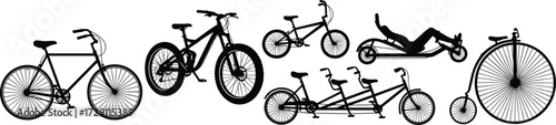 Collection of various bicycle vector silhouettes including mountain bike, tandem bike, recumbent bike, BMX, vintage penny farthing and road bicycle design.