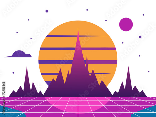 Vector art of retro futuristic landscape, vaporwave concept