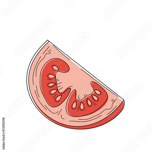 A close up of a sliced tomato with visible seeds and flesh.