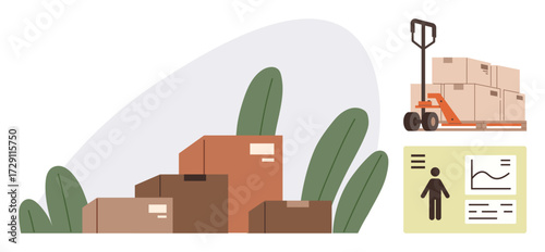 Cardboard boxes stacked on pallet, manual pallet jack transporting load, inventory chart featuring stats. Ideal for logistics, supply chain, delivery, warehousing, e-commerce, planning simple flat