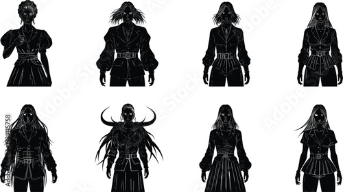 Dark female silhouette set with mysterious women, gothic style, eerie poses, supernatural aura, and sinister shadowed horror-inspired figures.
