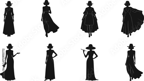 Elegant woman silhouette set with wide-brimmed hats, flowing gowns, vintage glamour poses, retro chic fashion, and timeless feminine style.