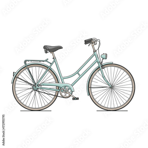 A light blue classic bicycle with a front basket and rear rack.