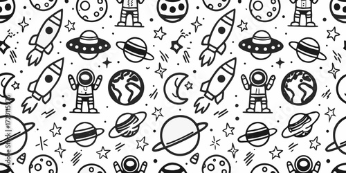 Whimsical space adventure pattern featuring astronauts rockets planets and ufos in black and white