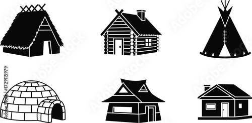 hut, cabin, igloo, teepee, house, cottage, roof, log, design, home, dwelling, silhouette, tribal, modern, traditional, log cabin, igloo house, teepee tent, thatched hut