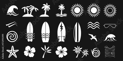 Collection of white tropical beach and surfing icons on a black background
