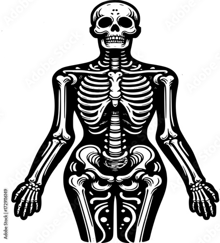 Anatomical Silhouette of Human Skeleton: An exquisitely detailed, monochromatic depiction of the human skeletal structure, presenting a clear and educational view.