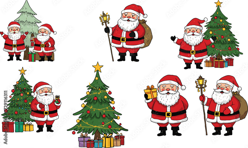 Fototapeta premium Santa Claus and Christmas tree illustrations, festive Santa with gifts, holiday decorations, Xmas presents, Santa cartoon collection, holiday vector.