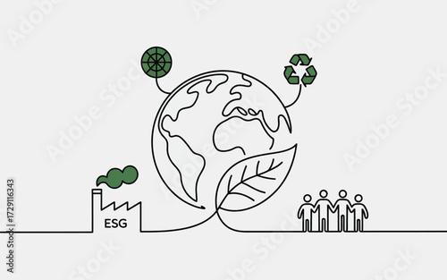 Minimalist line art vector illustration of earth sustainability icons and esg factory silhouette vector illustration white background