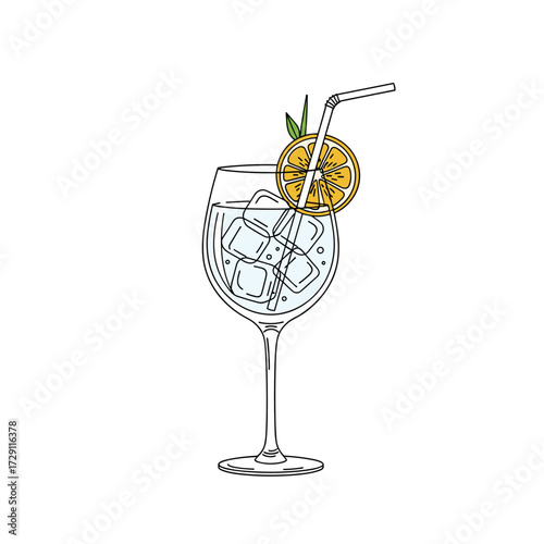 A refreshing drink with ice garnish and straw.